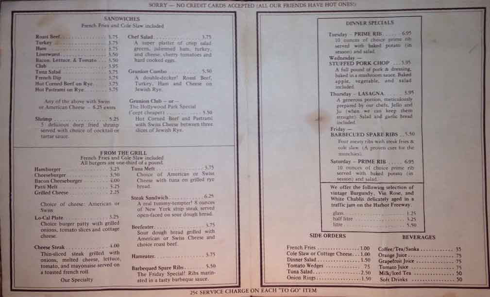 Our menu from 1974
